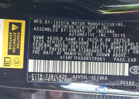 2016 Toyota Camry Xle из США, поврежденный, VIN 4T4BF1FK0GR529961